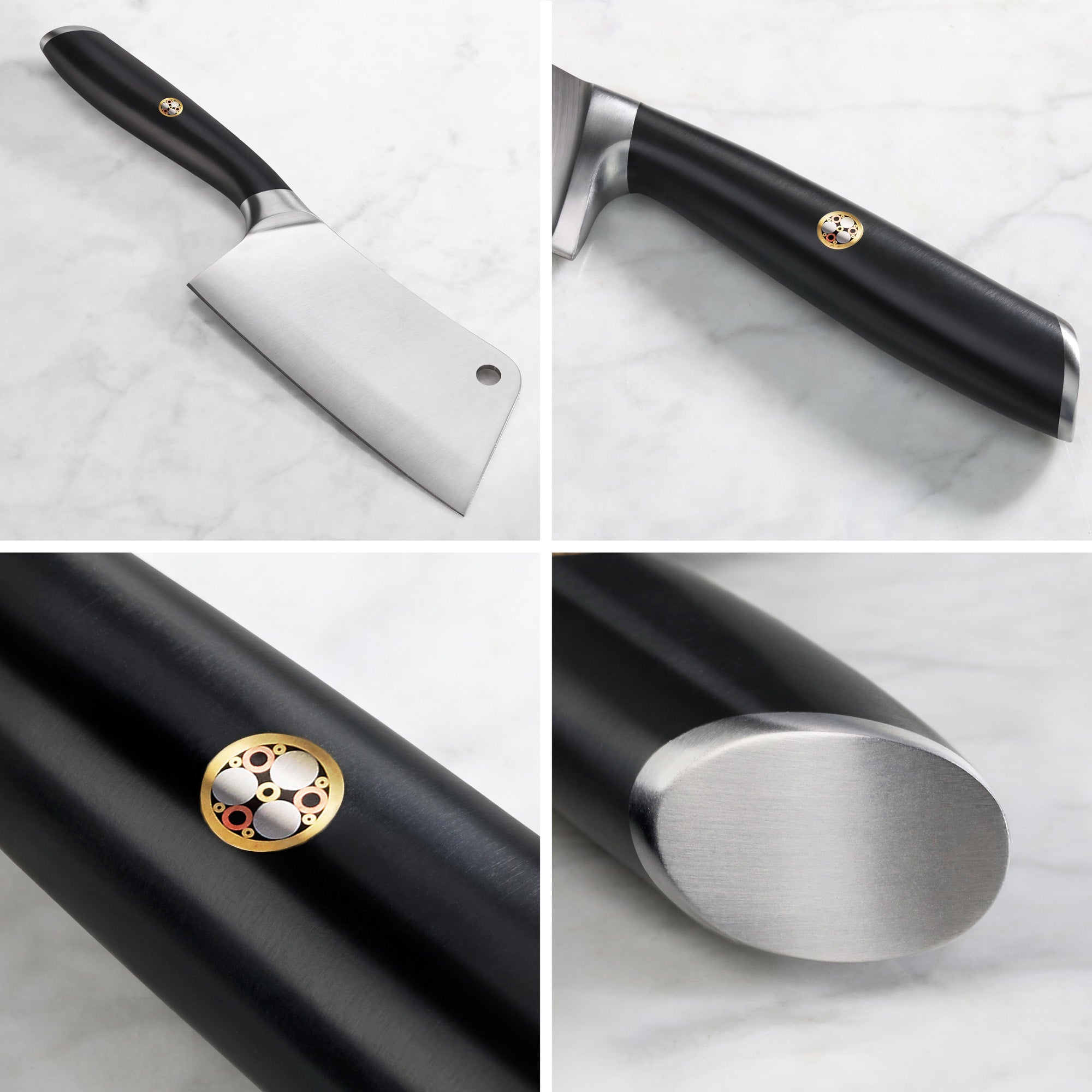 Cleaver knife with black handle featuring a round emblem and stainless steel bolster and end cap.