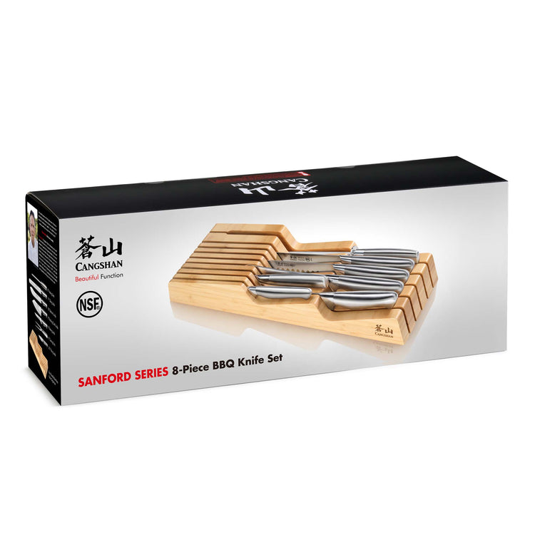 SANFORD Series 8-piece BBQ knife set with forged German steel blades and bamboo in-drawer storage tray.