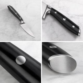 
                    
                      ALPS Series 3.5-inch paring knife with black handle, forged German steel blade, and metal rivets on handle.
                    
                  