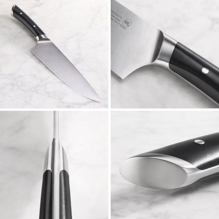 Chef's knife with black handle and stainless steel blade shown from multiple angles on a white surface.