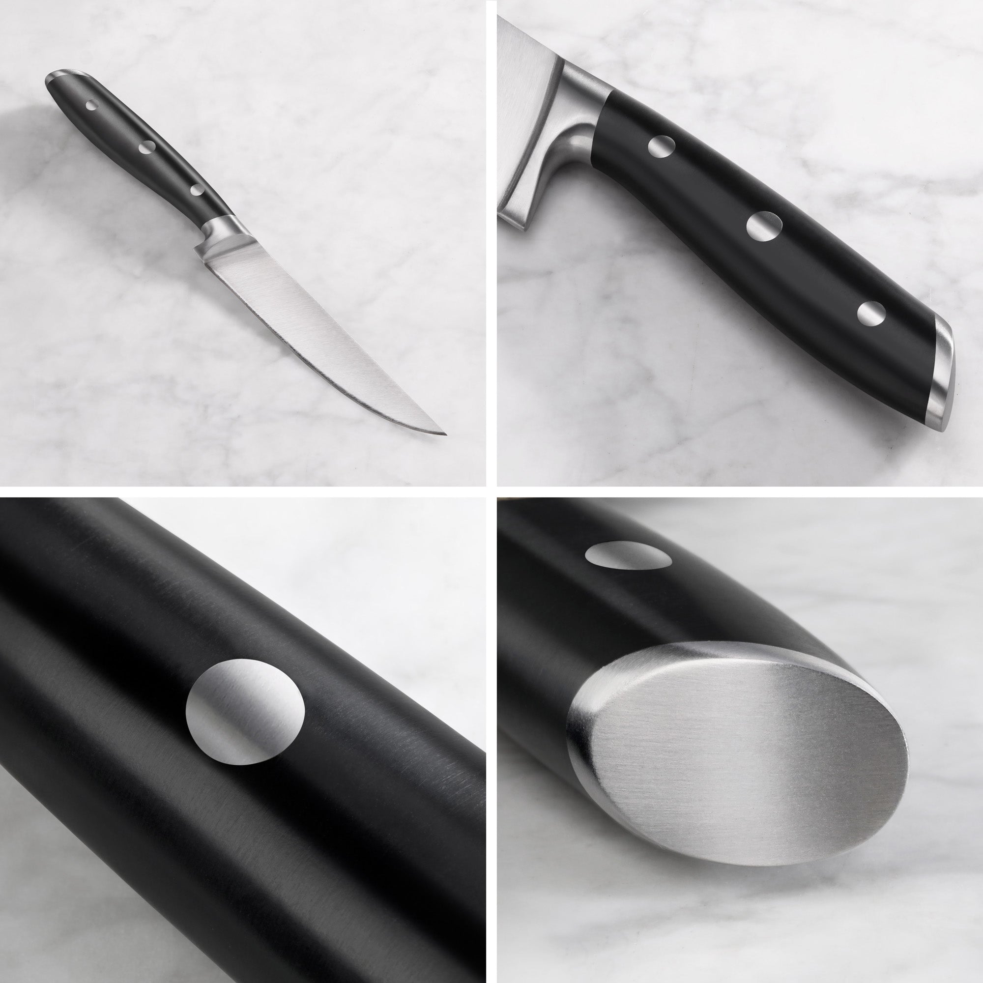 Steak knife with black handle and three metal rivets shown from multiple close-up angles on a marble surface.