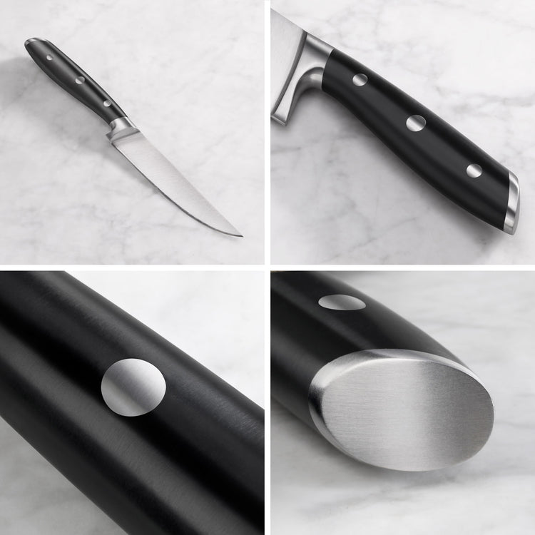 Steak knife with black handle and three metal rivets shown from multiple close-up angles on a marble surface.