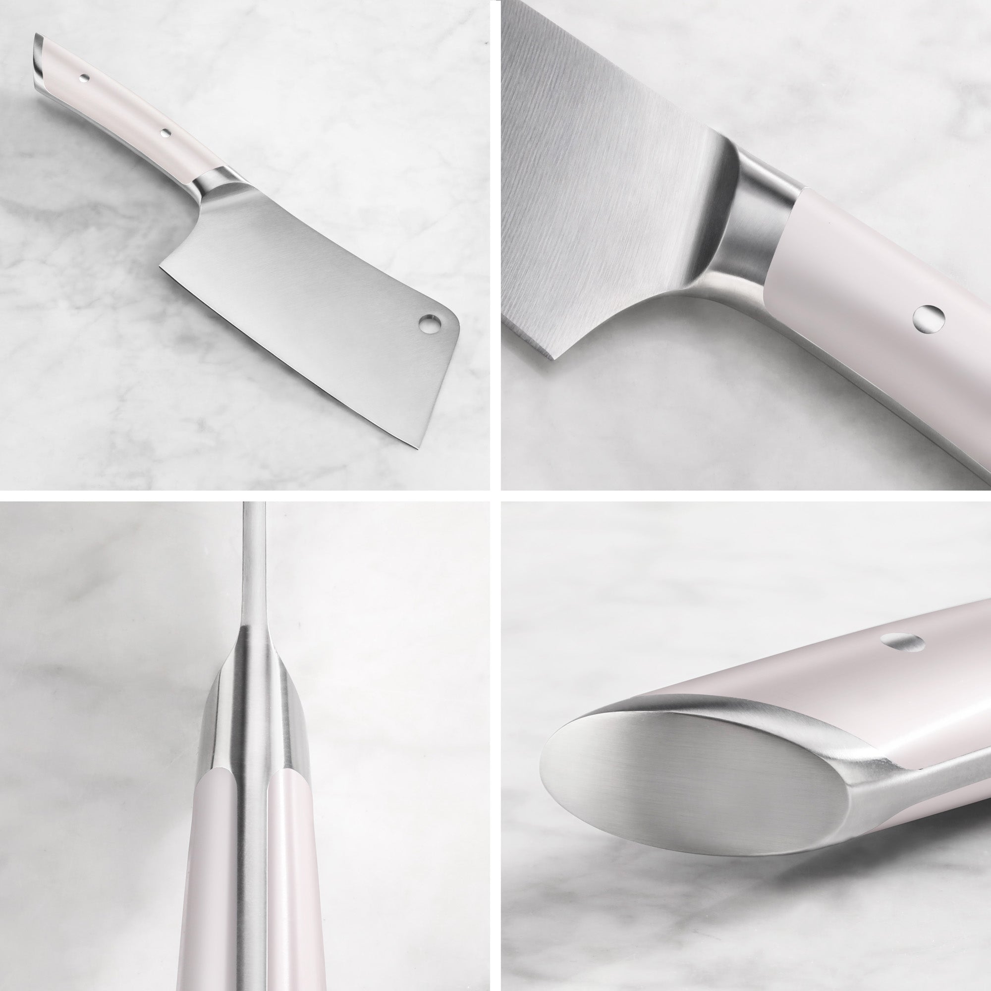 Cleaver knife with white handle and stainless steel blade shown from multiple close-up angles on a marble surface.