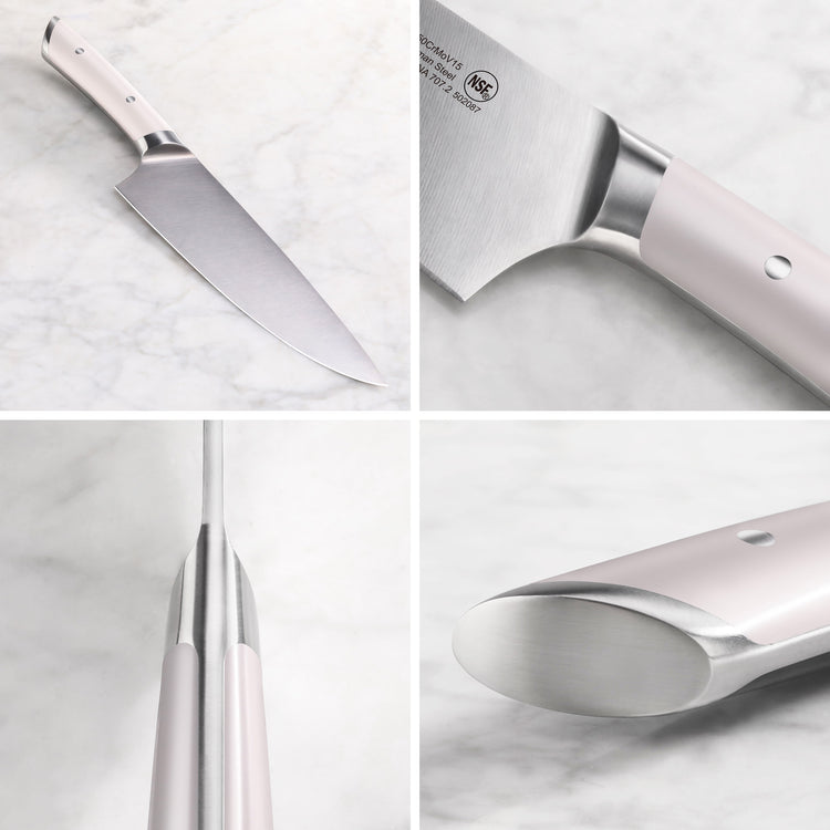 Chef's knife with stainless steel blade and light pink handle shown from multiple close-up angles on a marble surface.