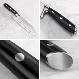 
                    
                      7-inch Santoku knife with black handle, three rivets, and a hollow edge blade on a marble surface.
                    
                  