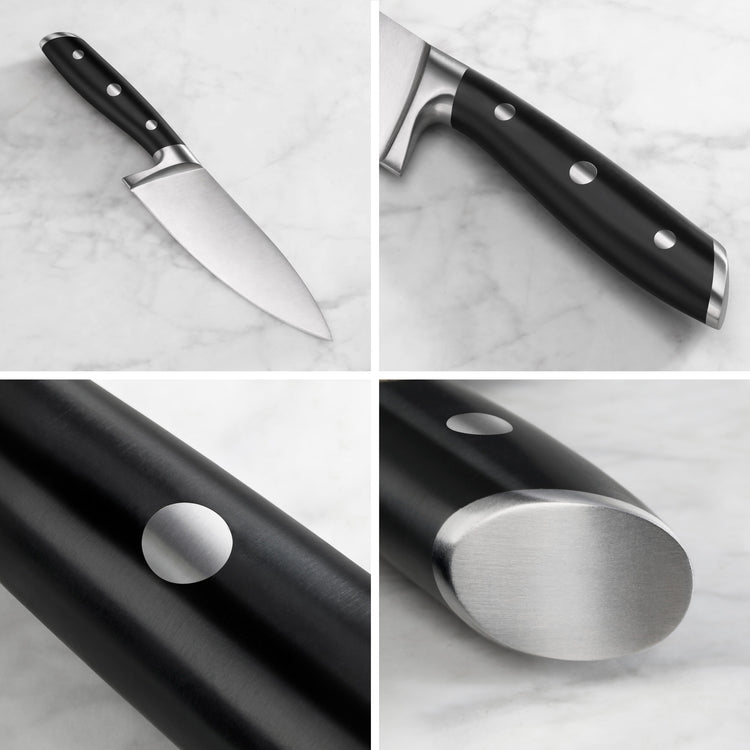 Chef knife with black handle and three rivets, shown from multiple close-up angles on a marble surface.