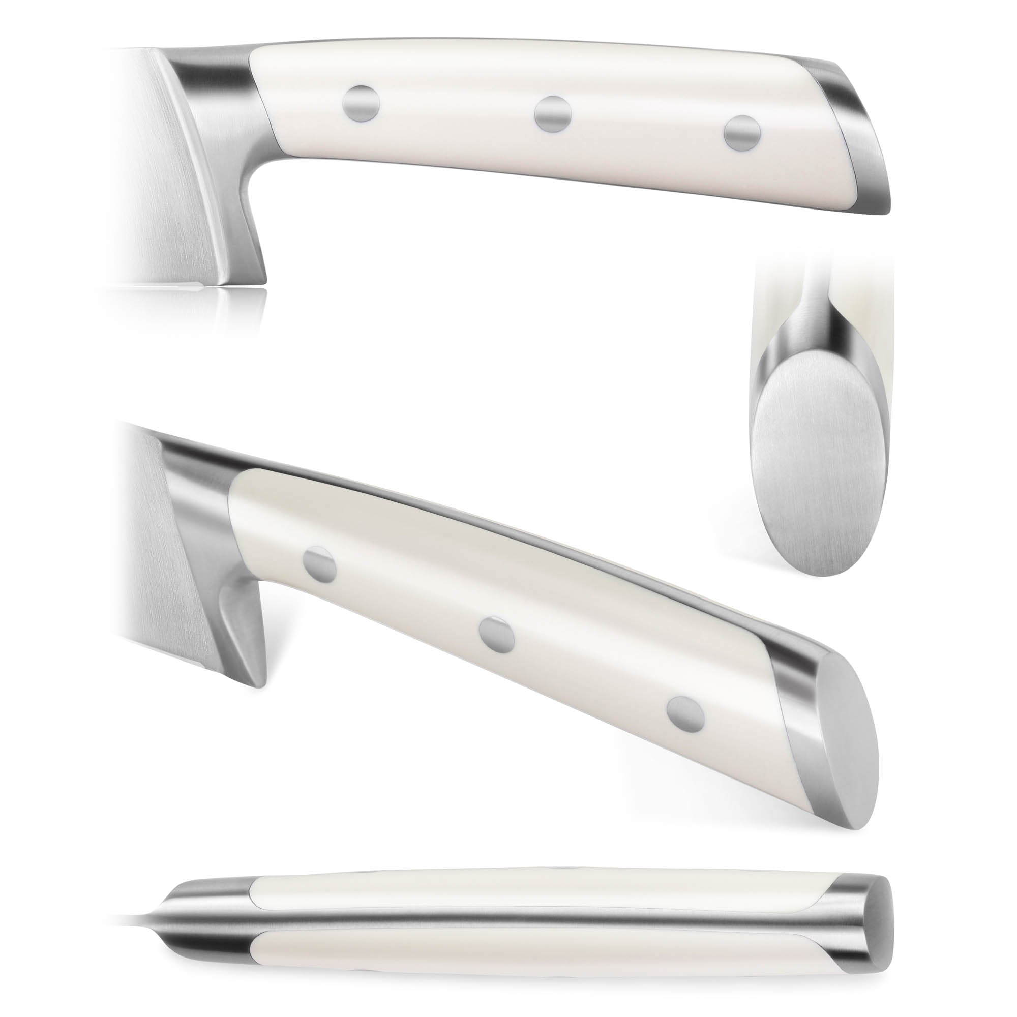 Close-up views of a white-handled steak knife with three rivets and stainless steel bolster and end cap.