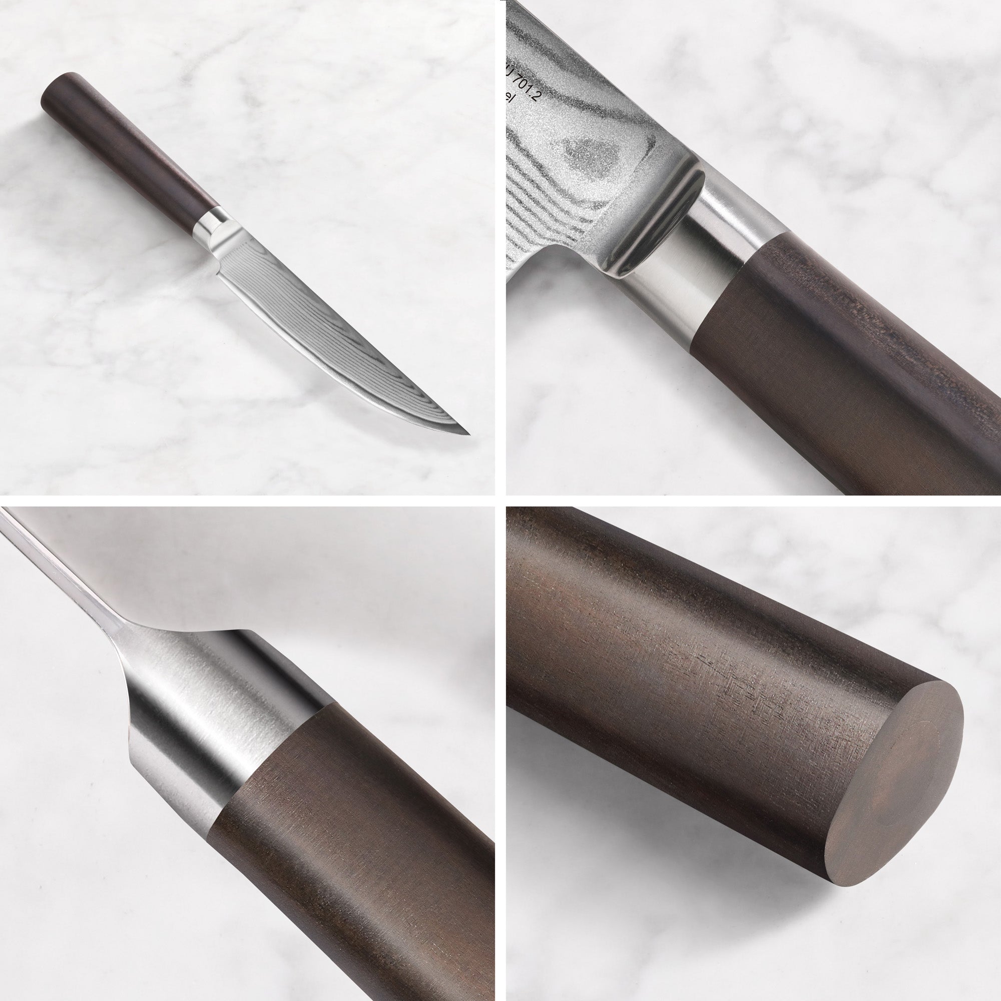 HAKU Series steak knife with dark wooden handle and forged Damascus steel blade shown from multiple close-up angles.