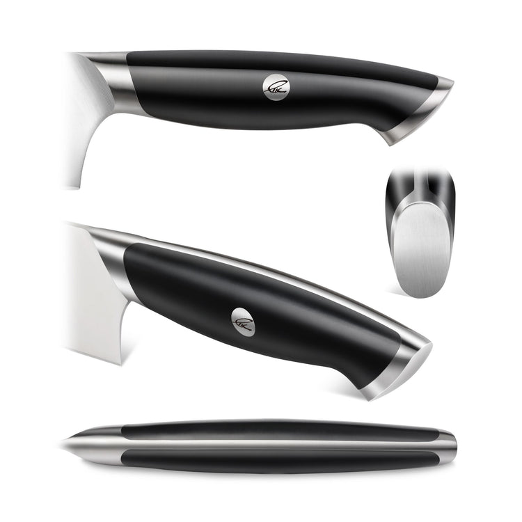 Black ergonomic handle of a steak knife with stainless steel accents and a small circular logo on the side.