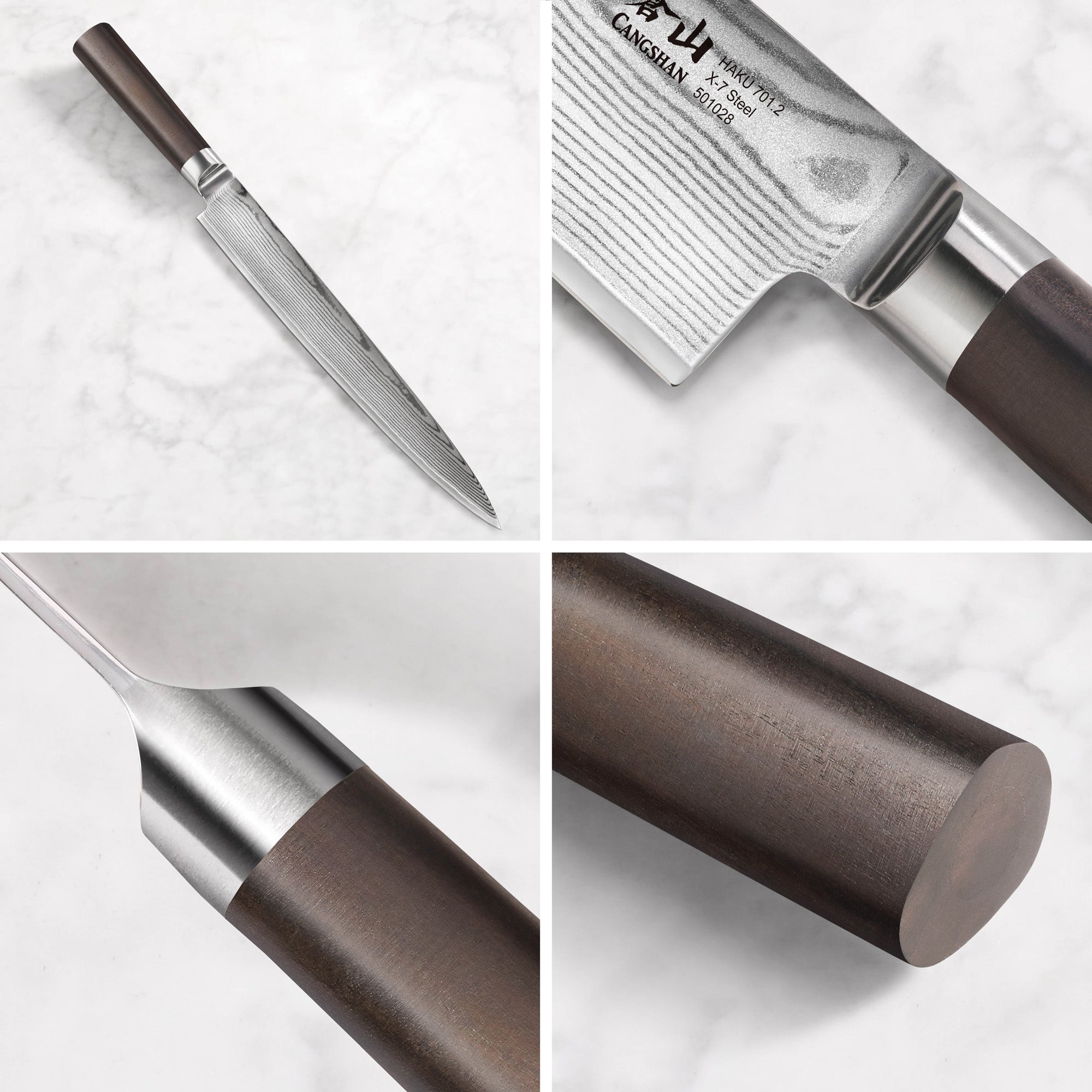 HAKU Series 10-inch sashimi knife with Damascus steel blade and African Blackwood handle shown from multiple angles.