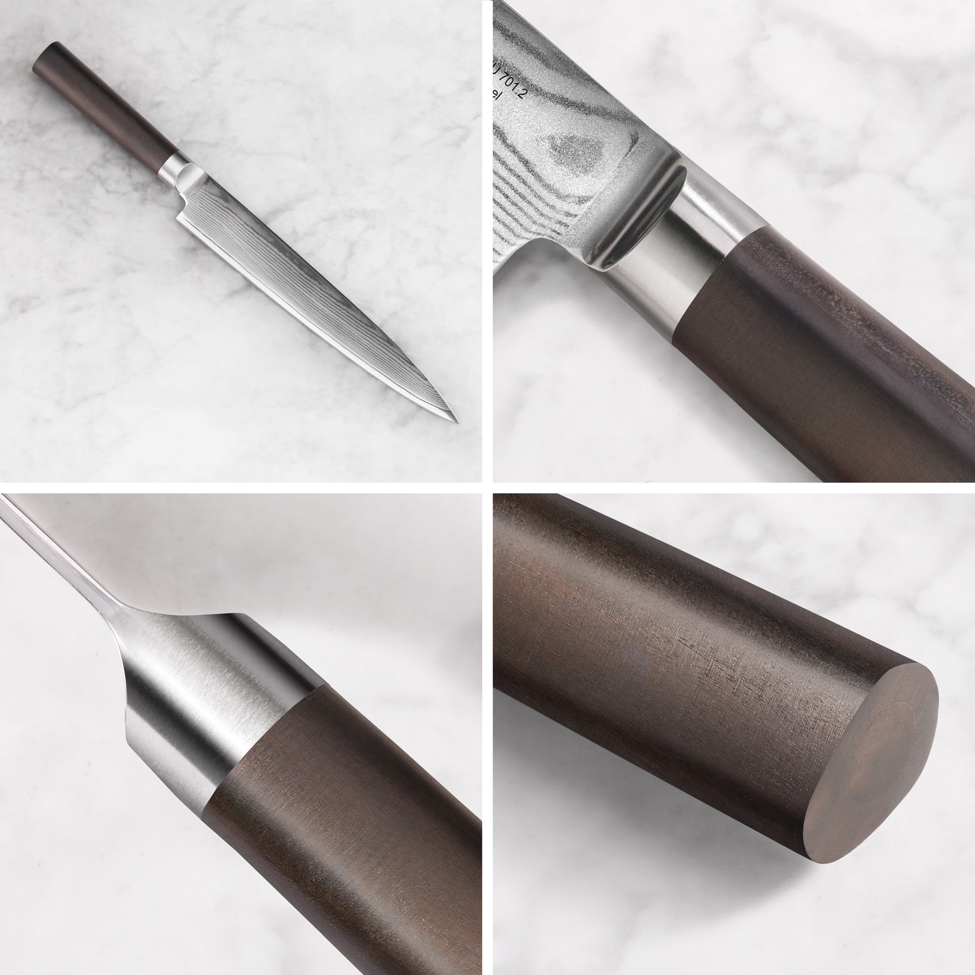 HAKU Series 8-inch sashimi knife with dark African Blackwood handle and forged Damascus steel blade, shown with sheath and cl