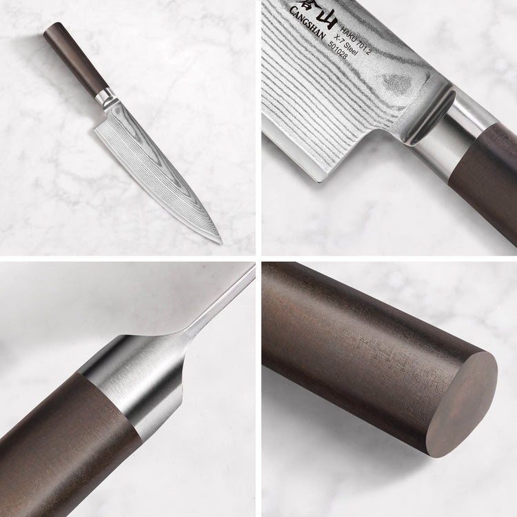 Chef knife with patterned Damascus steel blade and dark wooden handle shown from multiple close-up angles.