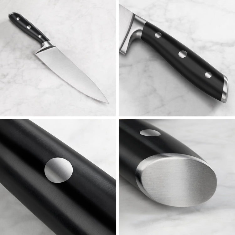 Chef knife with black handle featuring three rivets and a polished metal end cap on a marble surface.