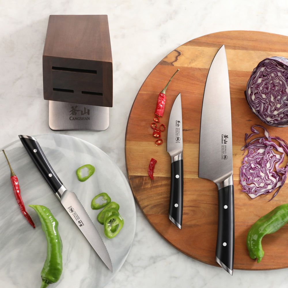 
                  
                    Load image into Gallery viewer, HELENA Series 4-Piece Knife Block Set, Forged German Steel, HUA Acacia Block
                  
                