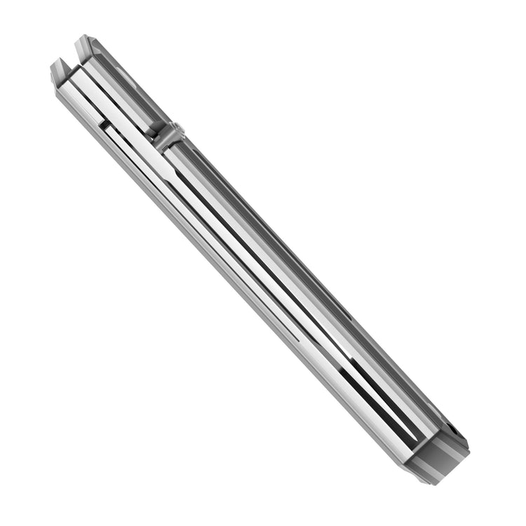 Closed folding knife with a sleek, polished metal handle and a pocket clip.