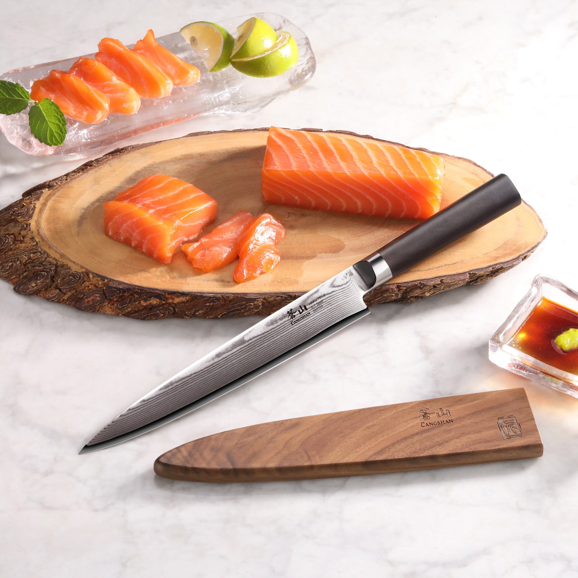 8-inch sashimi knife with black handle and wooden sheath beside sliced salmon on a wooden board.
