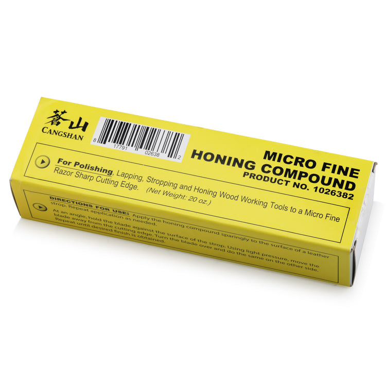 Yellow rectangular box labeled "Micro Fine Honing Compound" with product number 1026382 and polishing instructions.