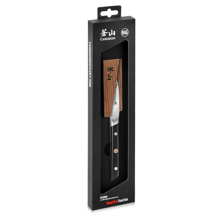 Cangshan kitchen knife with wooden handle in black packaging with clear window and logo.