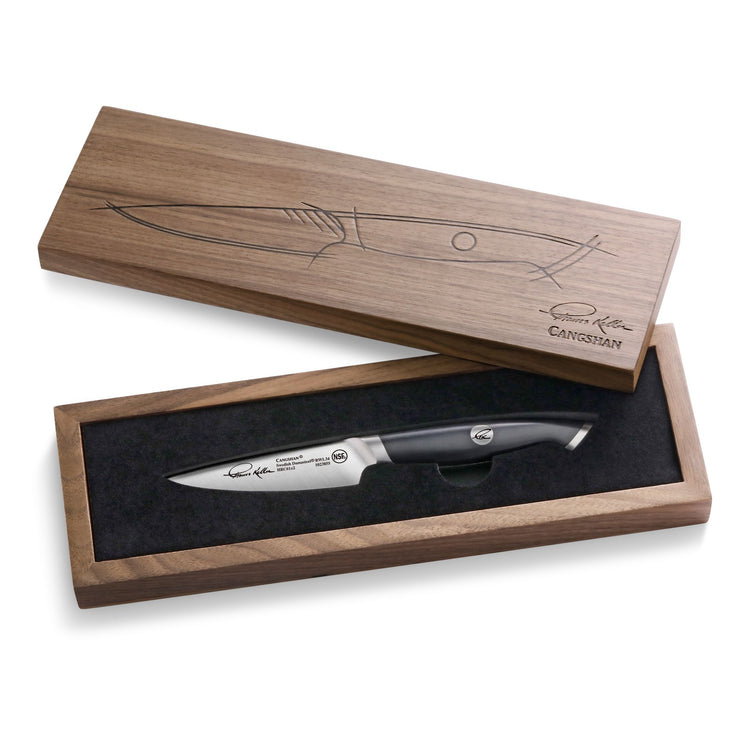 3.5-inch paring knife with black handle in a wooden box featuring a knife sketch on the lid.
