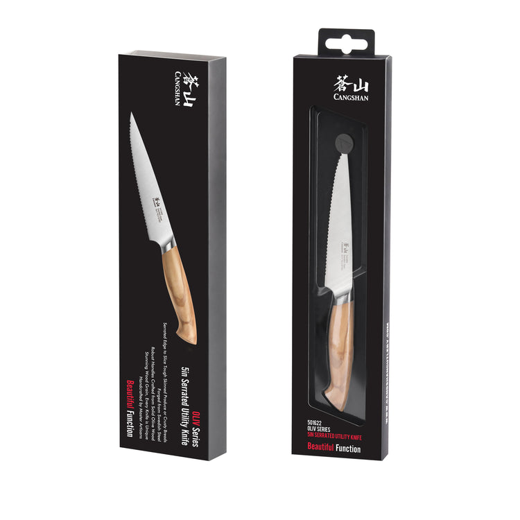 Serrated utility knife with wooden handle displayed outside and inside black retail packaging.