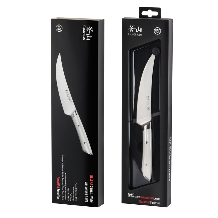 6-inch boning knife with curved blade and white handle, displayed in black retail packaging.