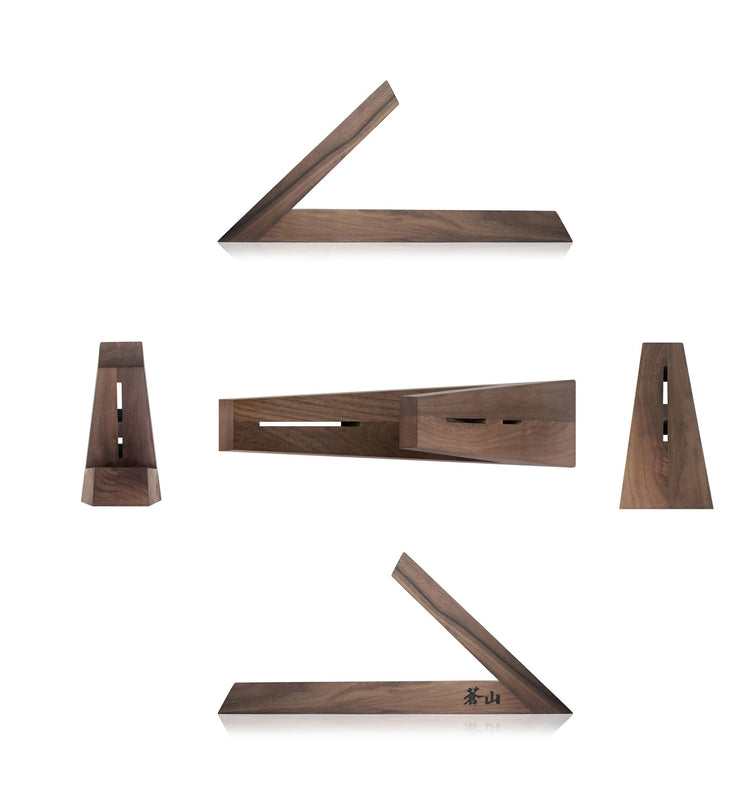 Walnut wood triangular knife block shown from five angles, including open and closed positions with slots for knives.