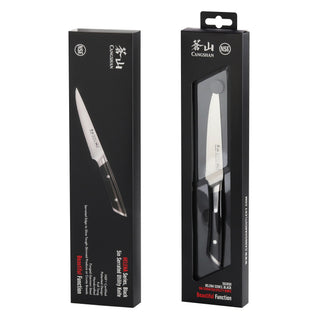 
                    
                      Serrated utility knife with black handle displayed in black packaging with clear window and product branding.
                    
                  