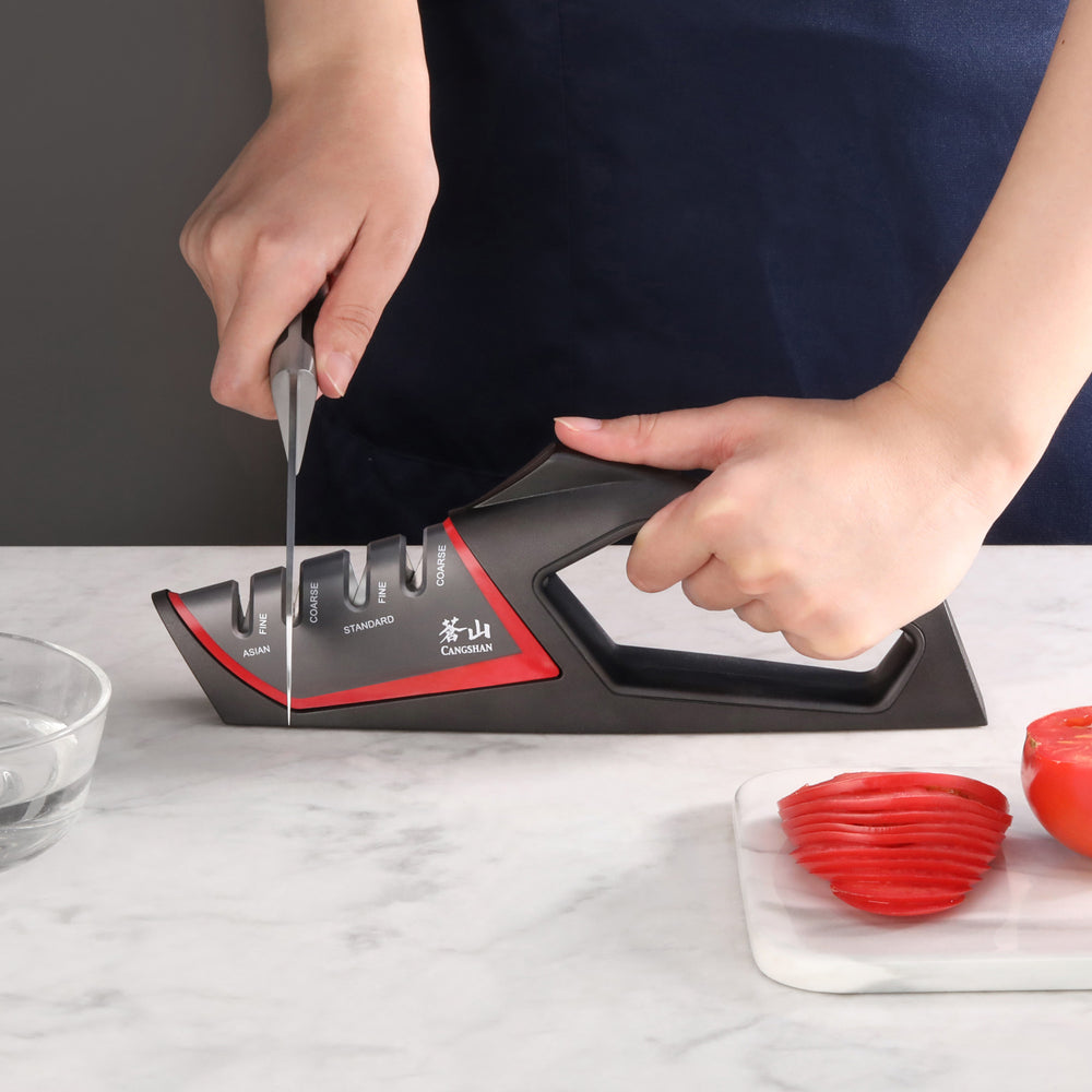 
                  
                    Load image into Gallery viewer, SHARK Series Hand-Held Knife Sharpener, Asian and Standard Angle Coarse and Fine Slots, Red, 1026818
                  
                