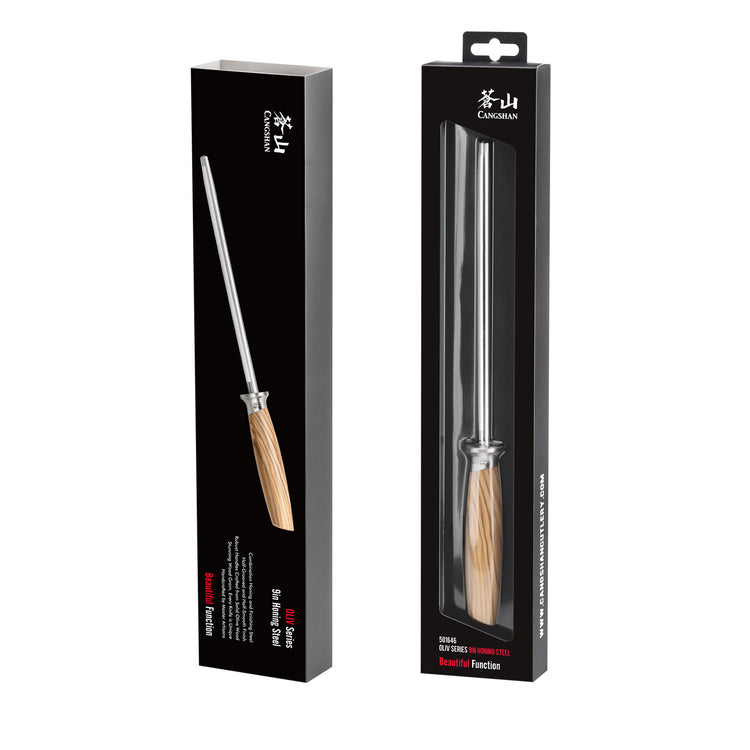 9-inch honing steel with a wooden handle, shown outside and inside black retail packaging.