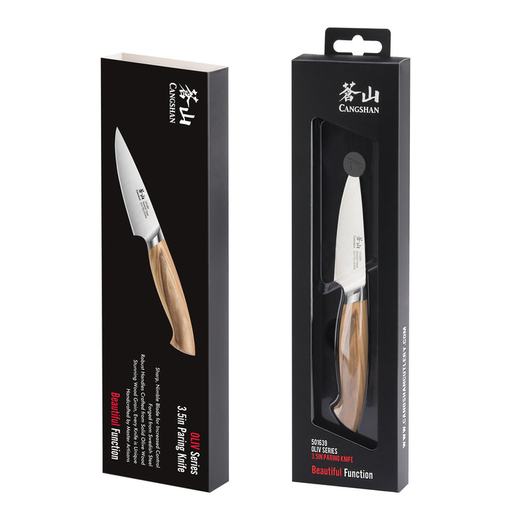 OLIV Series 3.5-inch paring knife with forged Swedish 14C28N steel blade and olivewood handle in black retail packaging.