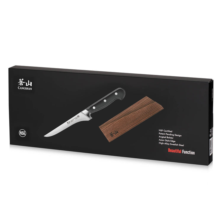 Cangshan paring knife with wooden sheath in black box packaging showing knife and sheath side by side.