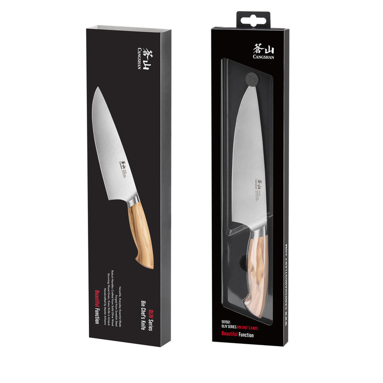 8-inch chef knife with olivewood handle displayed next to its black retail packaging box.