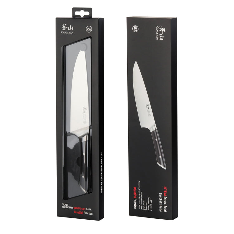 8-inch chef's knife with black handle displayed in black packaging with product details and branding.