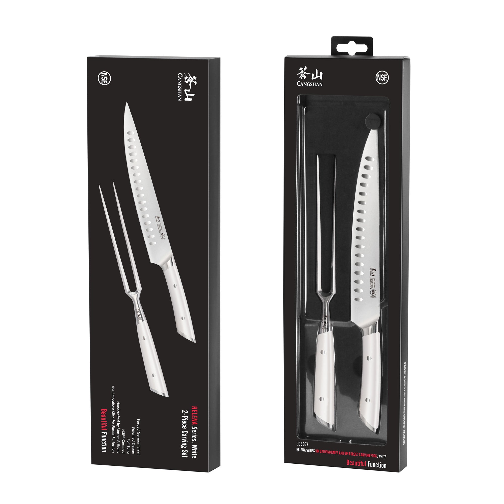 Two-piece carving set with a serrated knife and carving fork, both featuring white handles, displayed in black packaging.