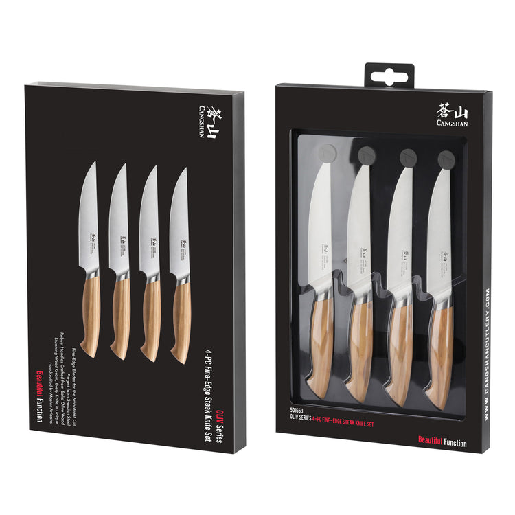 Four steak knives with curved wooden handles and stainless steel blades displayed in black packaging.