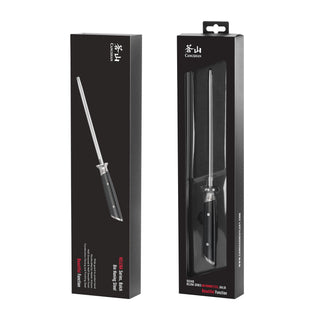 
                    
                      8-inch honing steel with black handle displayed outside and inside black retail packaging.
                    
                  