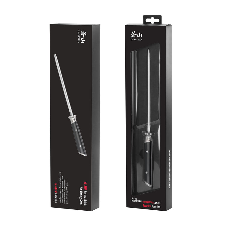 8-inch honing steel with black handle displayed outside and inside black retail packaging.