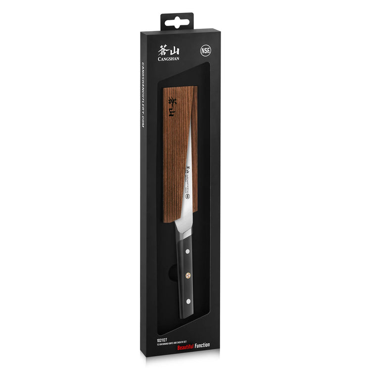 Chef knife with wooden handle in black rectangular packaging labeled "Cangshan.
