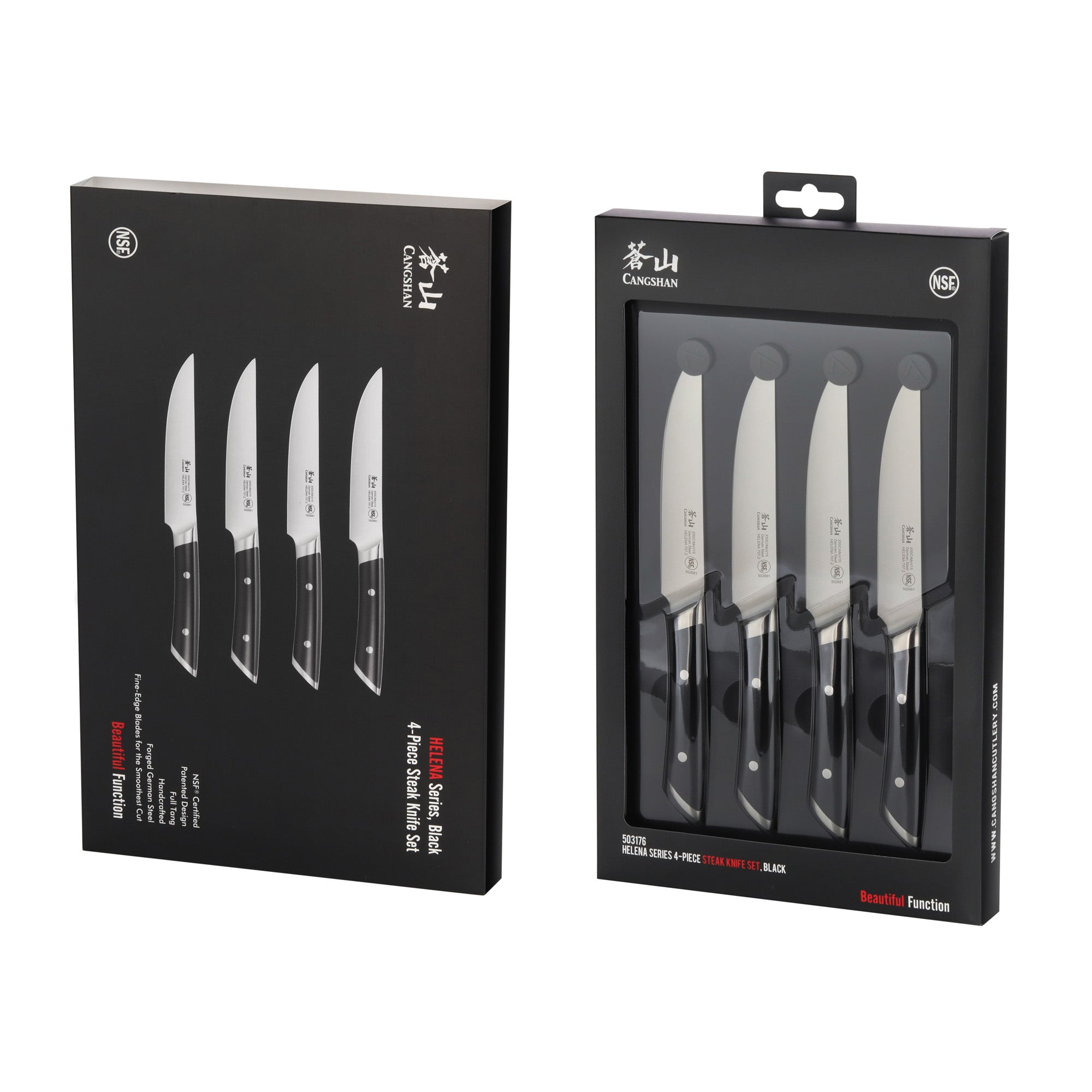 Four steak knives with black handles and stainless steel blades displayed in black packaging with clear front panel.