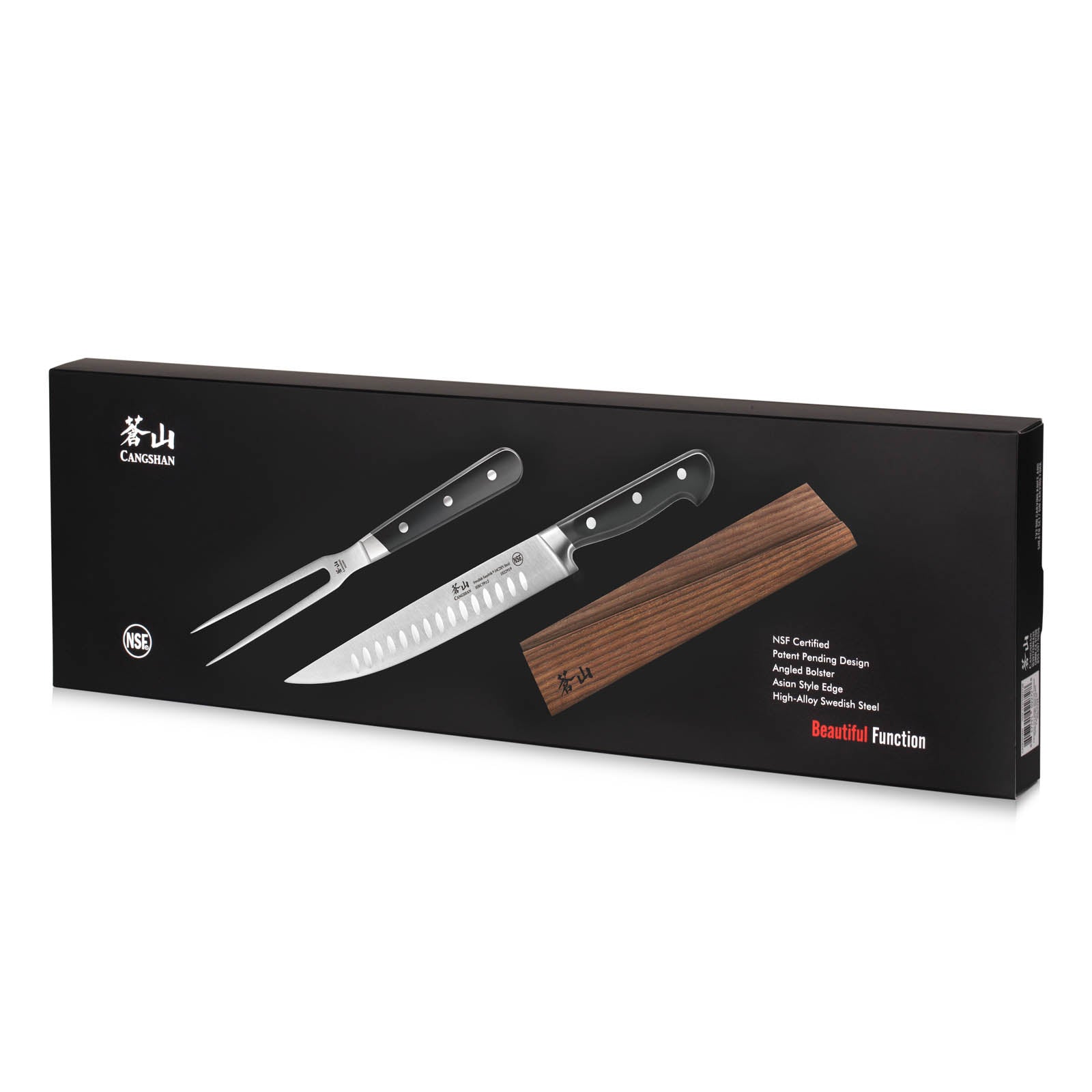 Carving knife set with a fork and wooden sheath, featuring ergonomic handles and a sharp blade.