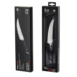 
                    
                      Two boxed boning knives with curved blades and black handles, displayed upright in black packaging.
                    
                  
