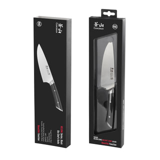 
                    
                      Two black rectangular boxes displaying a 6-inch chef's knife with a black handle, one box showing the knife inside clear plas
                    
                  
