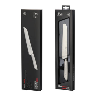 
                    
                      8-inch serrated bread knife with white handle displayed inside and outside black packaging boxes.
                    
                  