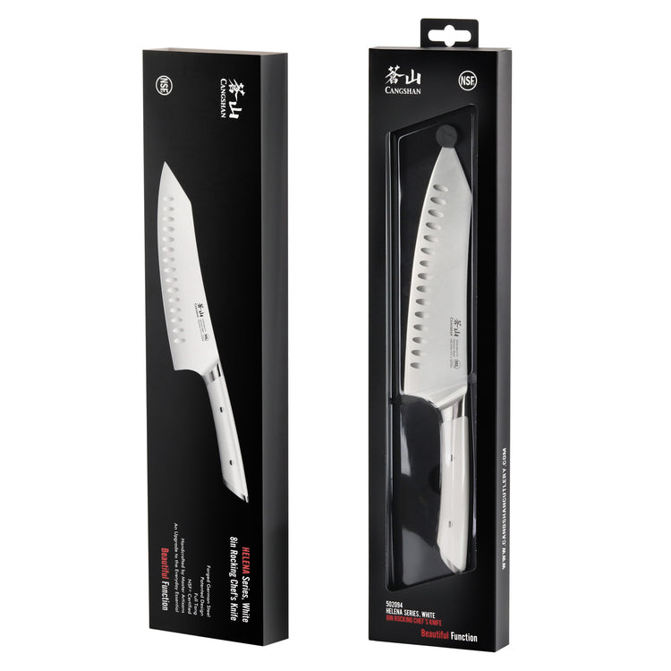 8-inch chef's knife with a white handle and hollow edge blade, shown in and out of black retail packaging.