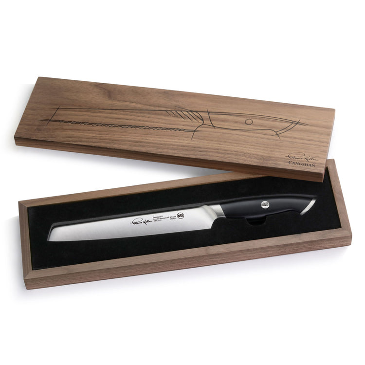 8-inch bread knife with black handle in a wooden box featuring a knife outline on the lid.