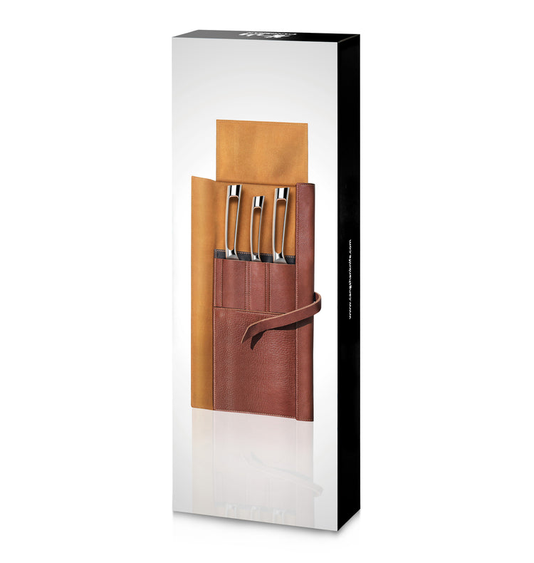 Four leather-handled knives in a brown leather roll-up case with a strap, displayed on a white background.