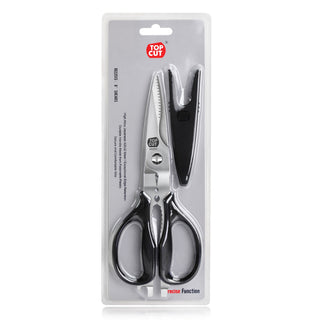 
                    
                      Heavy-duty kitchen shears with black handles and a protective black sheath in clear packaging.
                    
                  