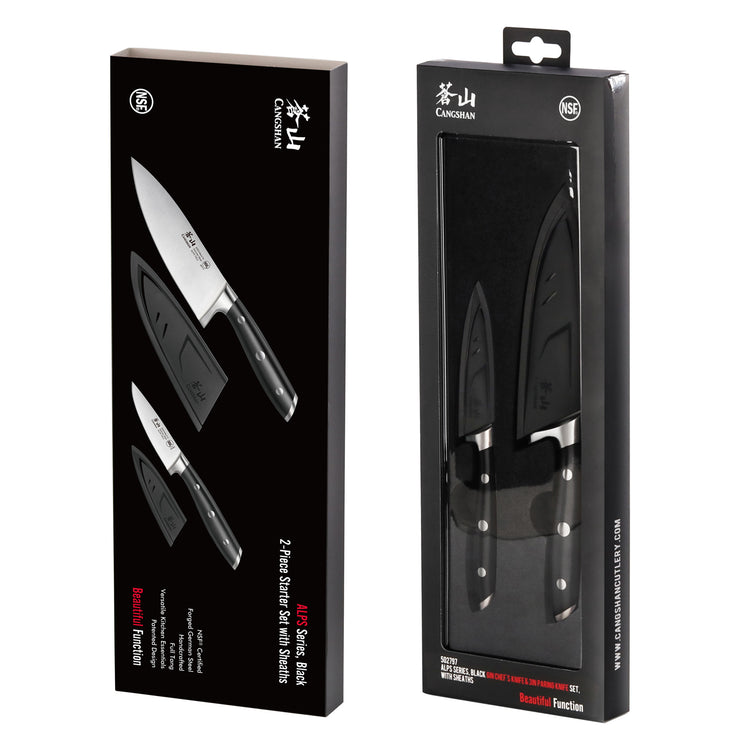 Two black-handled knives with black sheaths displayed in black packaging, labeled as a 2-piece starter set.