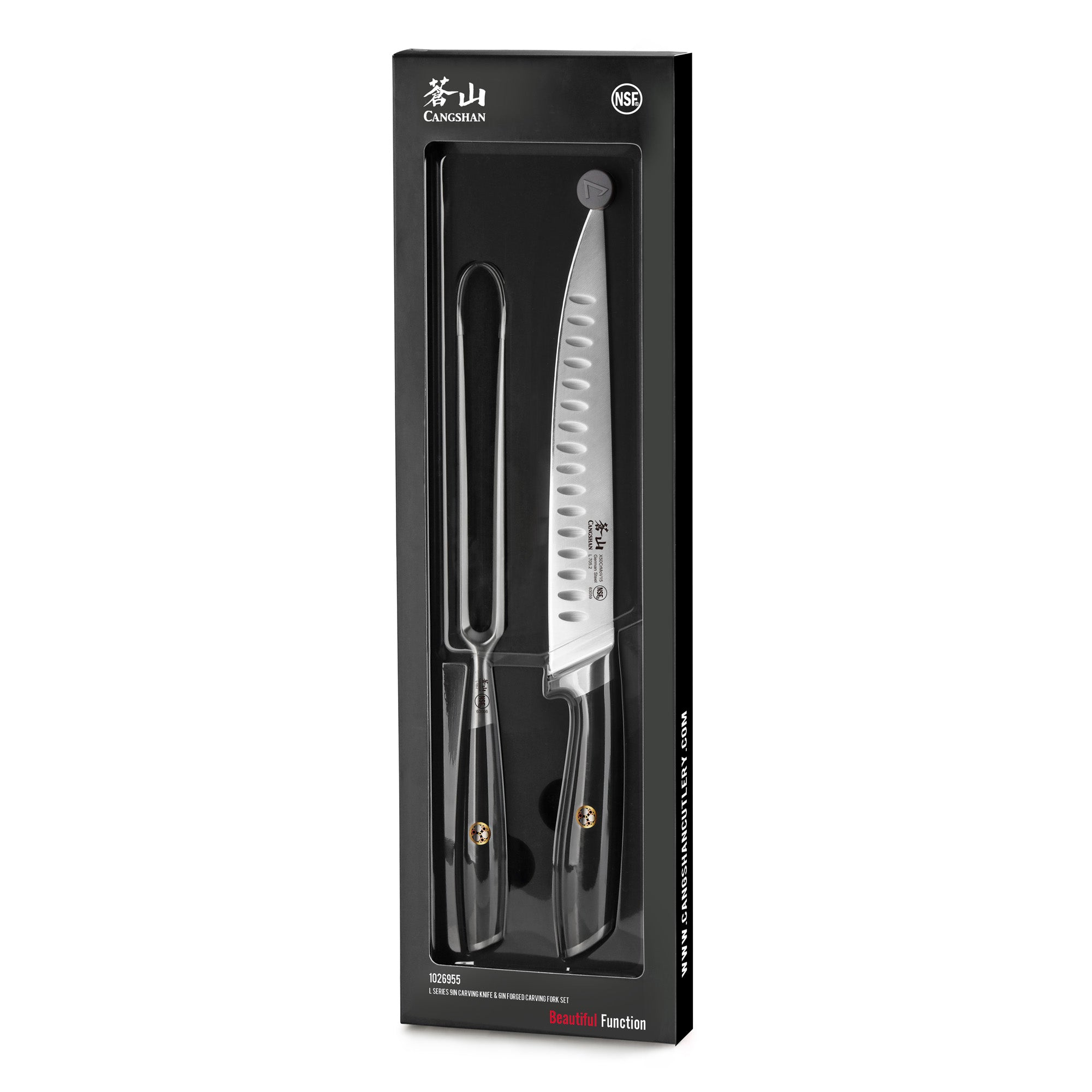 Black carving knife with scalloped blade and matching carving fork in black packaging.