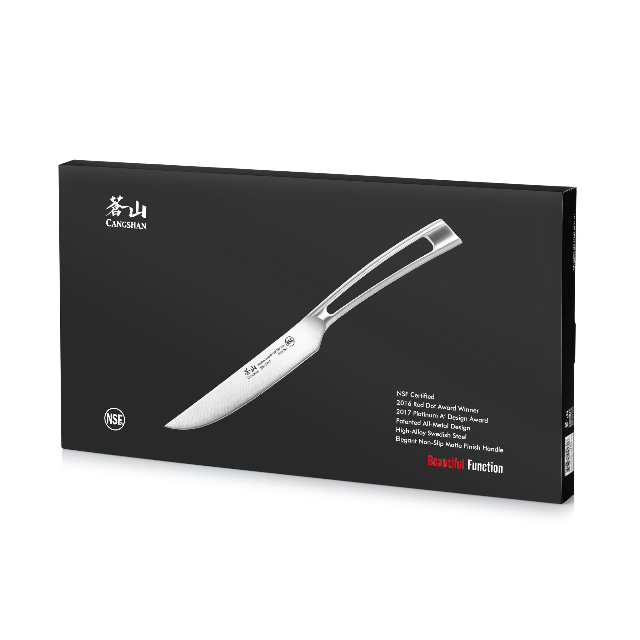 Black rectangular box packaging featuring a single stainless steel steak knife with a hollow handle cutout.